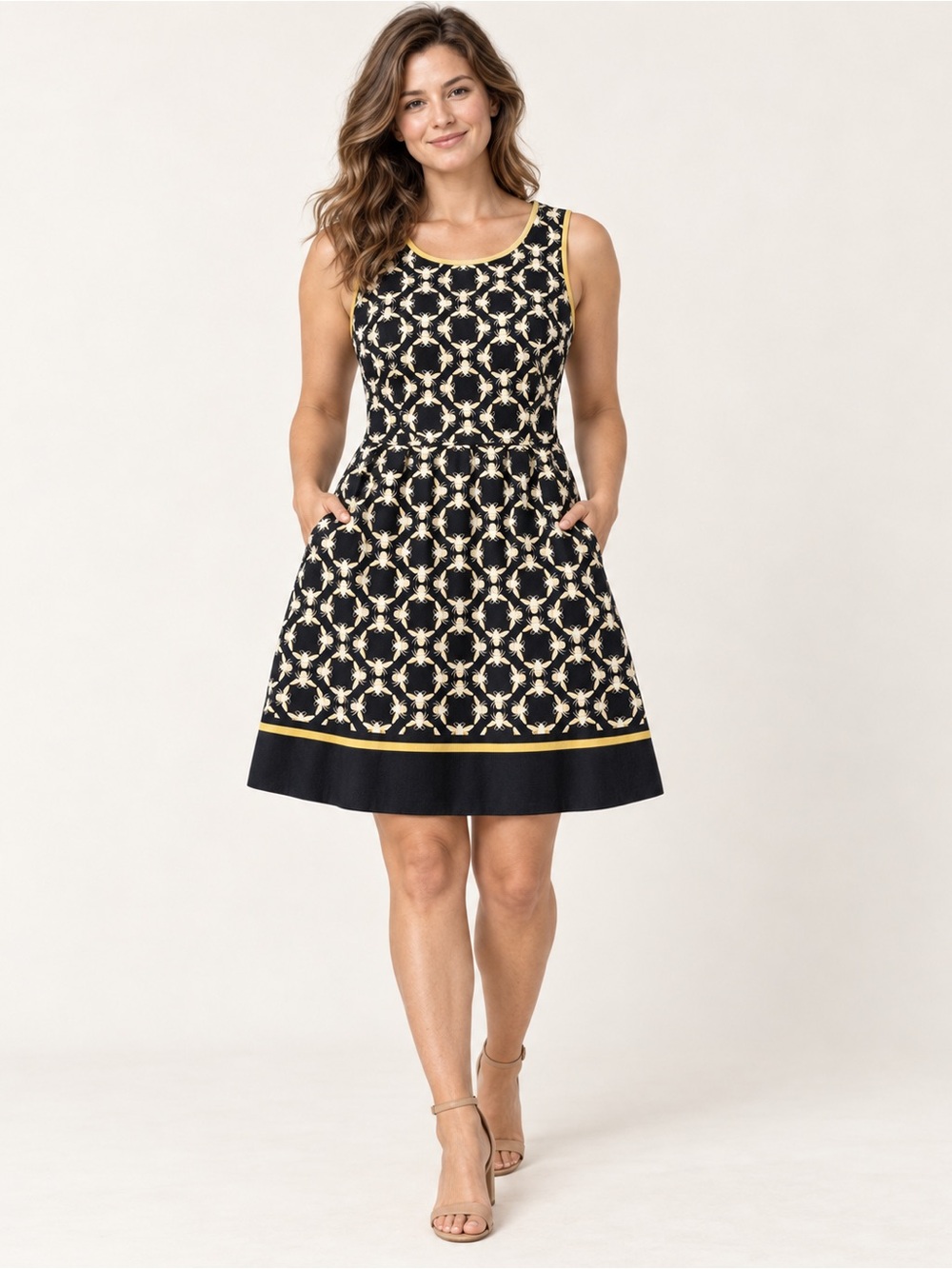 crown & ivy Black and Cream Sleeveless Fit-and-Flare Dress with Yellow Trim